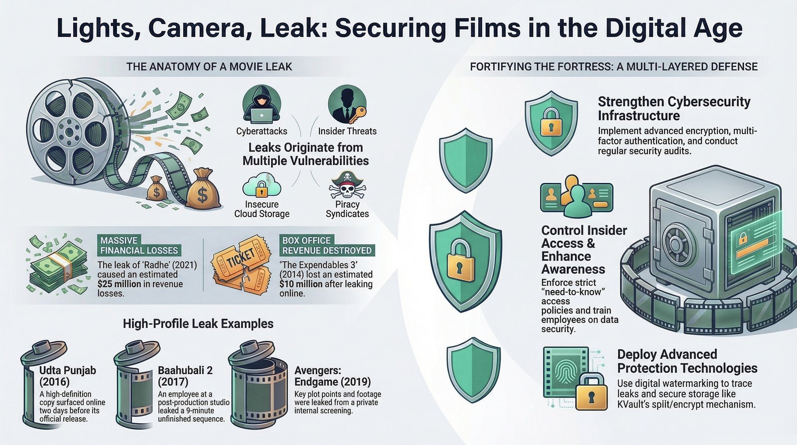 Lights, Camera, Leak: Securing Films in the Digital Age — the anatomy of a movie leak, high-profile examples, and a multi-layered defense including KVault's split/encrypt mechanism